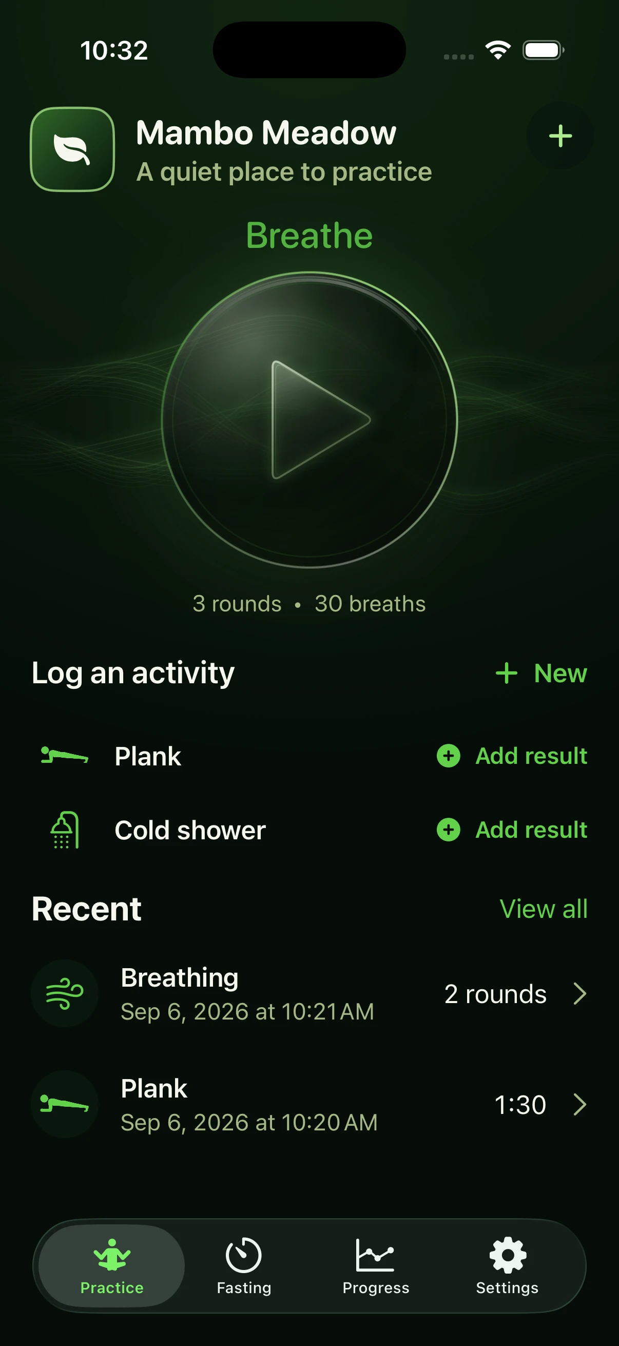 Mambo Meadow’s Practice screen with guided breathing and fictional activity history